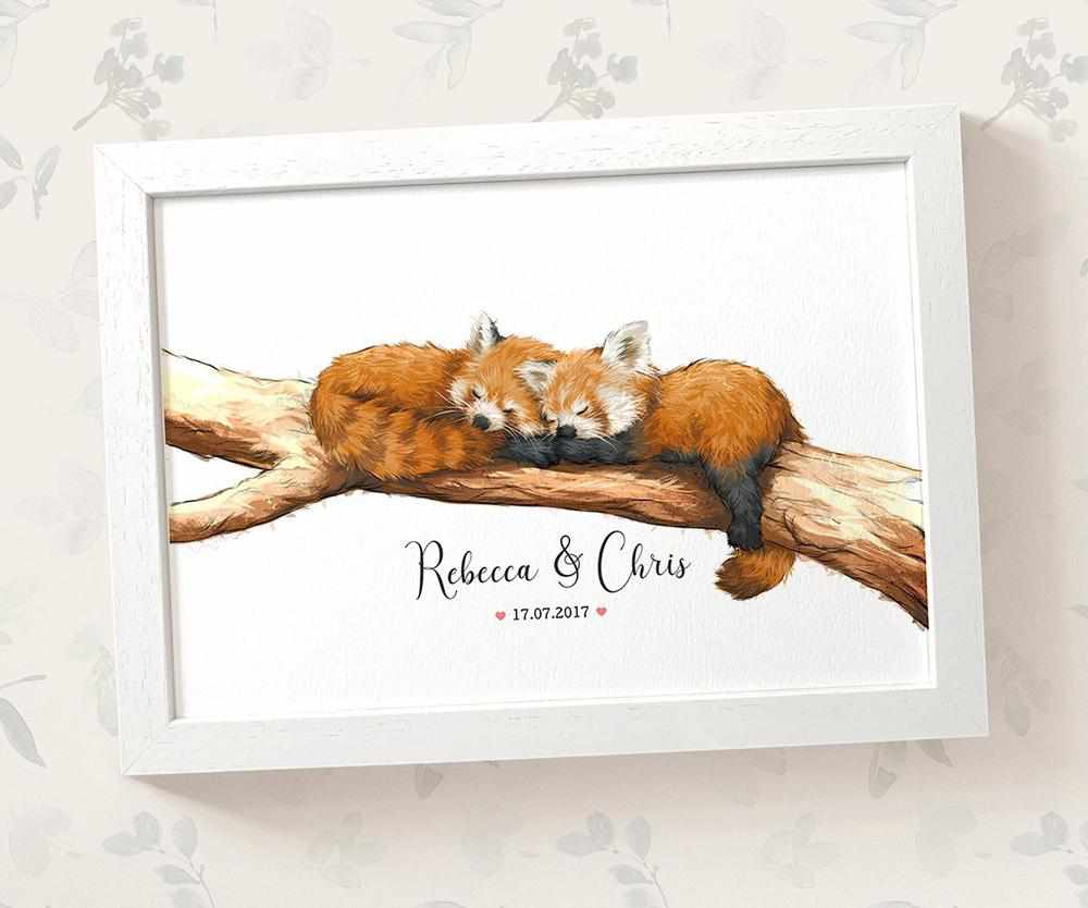 Red Panda Couple A4 Framed Print Personalized With Names And Date For An Exceptional First Anniversary Gift Idea