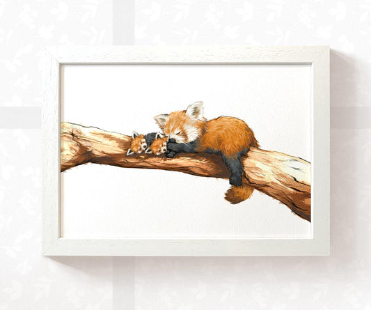 Red Panda Family Nursery Art Print | One Adult Two Babies | Children's Wall Art