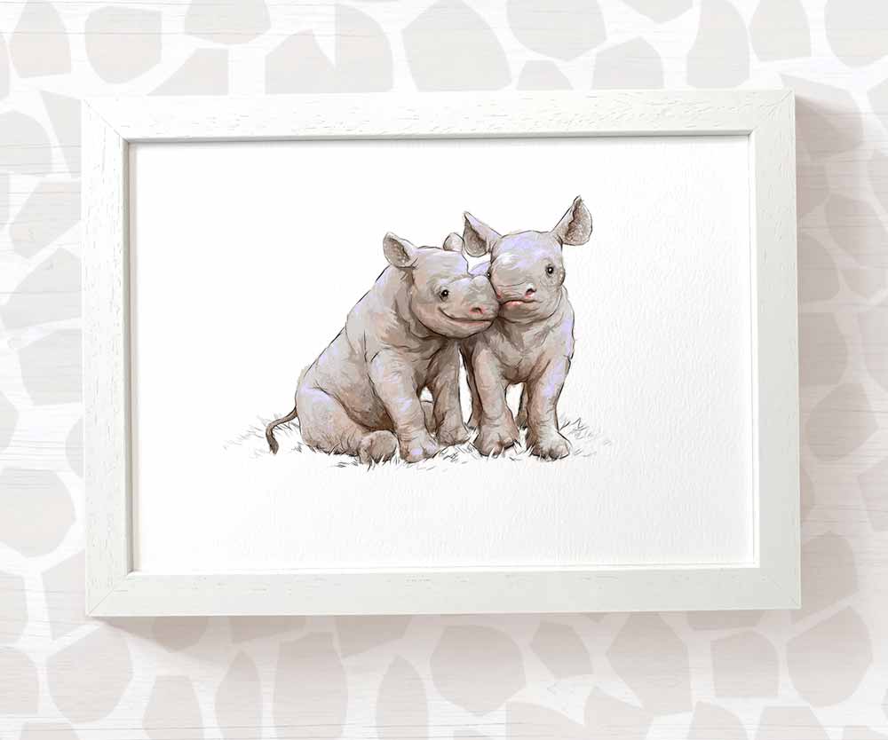 Newborn Baby Shower Gift Safari Nursery Decor Kids Animal Wall Art Rhino Print First Birthday Framed