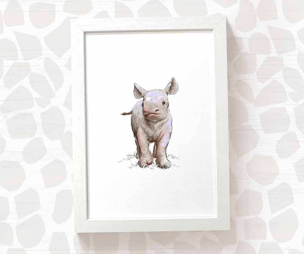 Newborn Baby Shower Gift Safari Nursery Decor Kids Animal Wall Art Rhino Print First Birthday Framed