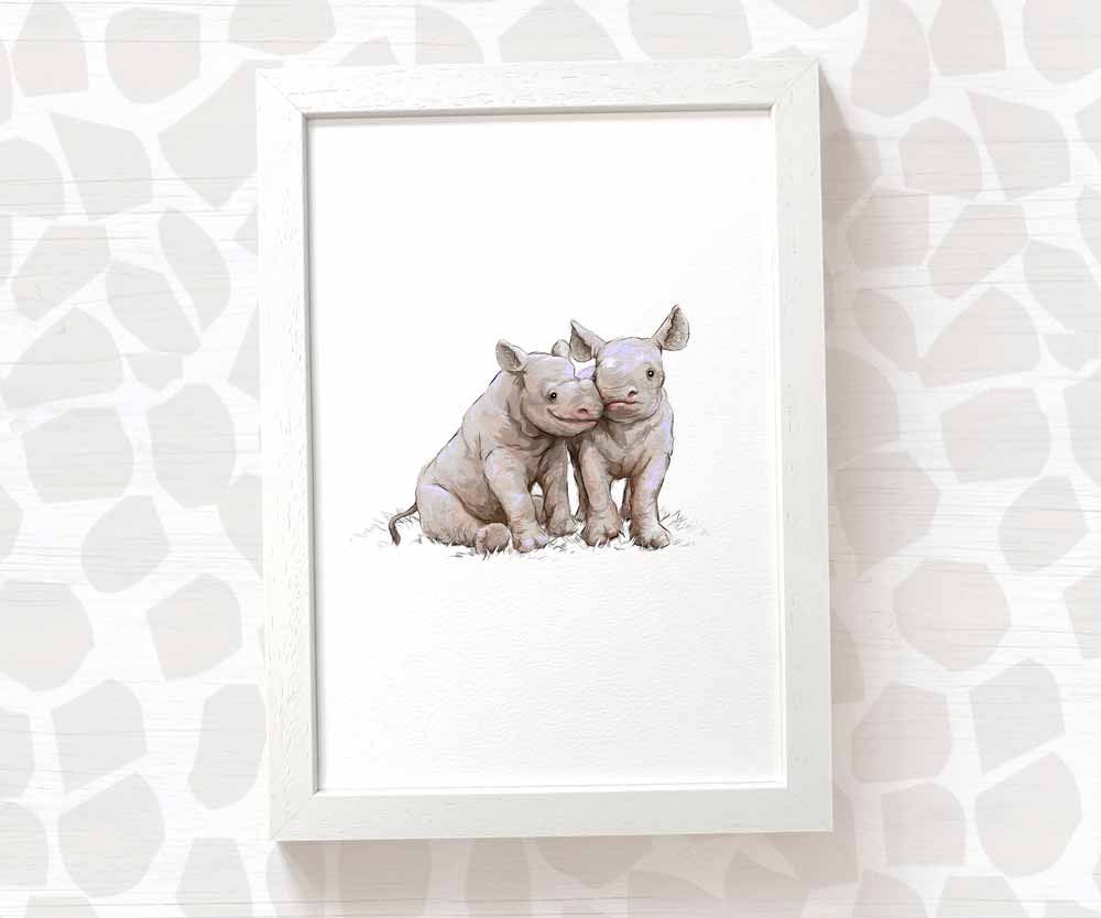 Twin Baby Gift Safari Nursery Decor Childrens Animal Wall Art Rhino Print Playroom Newborn First Birthday