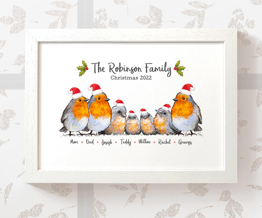 Christmas 2022 Party Decoration Family Portrait Personalised Name Sign Keepsake Festive Robin Santa Hat Mistletoe Print