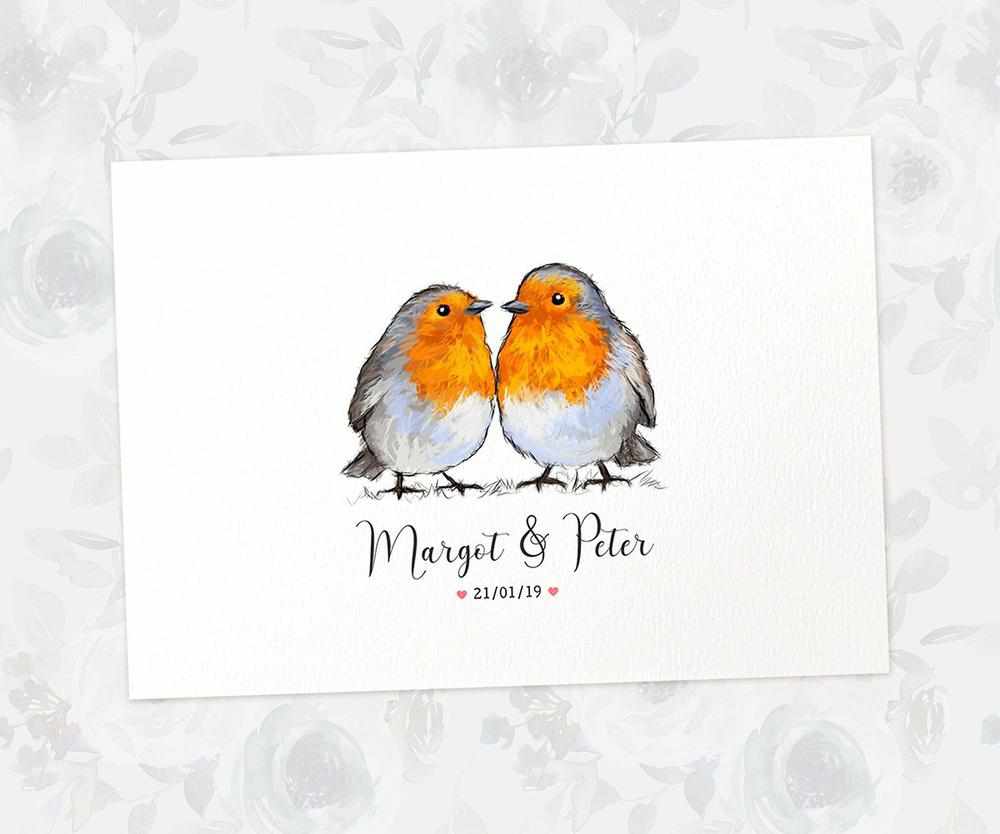 Two Robins A3 Unframed Art Print Personalized With Names And Date For A Heartwarming Valentines Day Gift