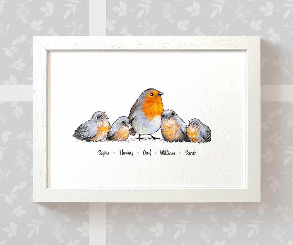 Framed A3 robin family print featuring mother and 4 children with names beneath for a unique mothers day gift