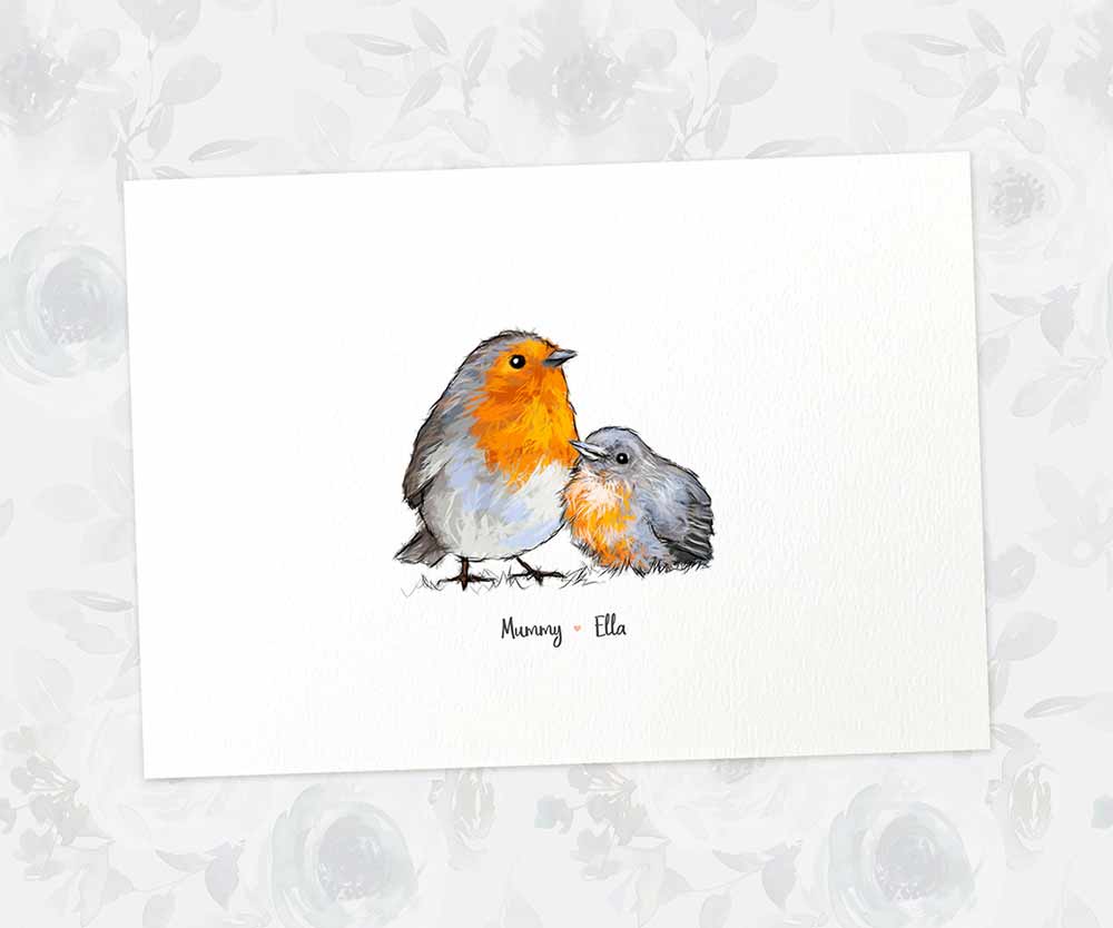 Printed A4 robin family print featuring mum and baby with names for the best mothers day gift