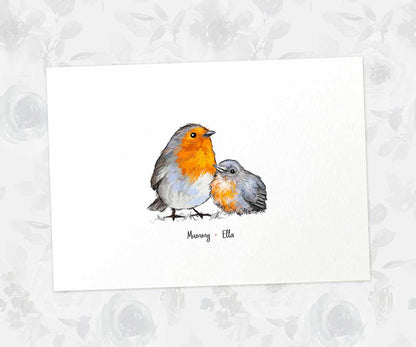 Printed A4 robin family print featuring mum and baby with names for the best mothers day gift