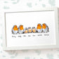 Robin family of 7 portrait personalised with names displayed in an A4 white wood frame for a thoughful gift for mum