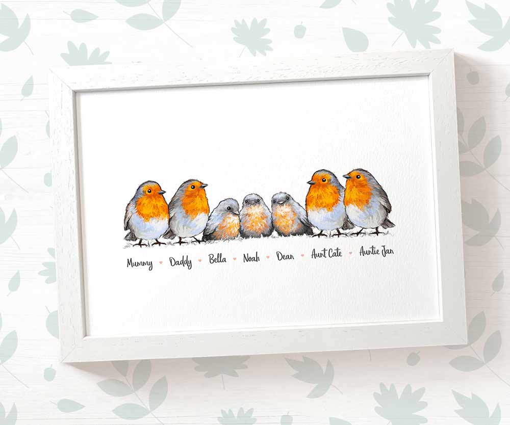 Robin family of 7 portrait personalised with names displayed in an A4 white wood frame for a thoughful gift for mum