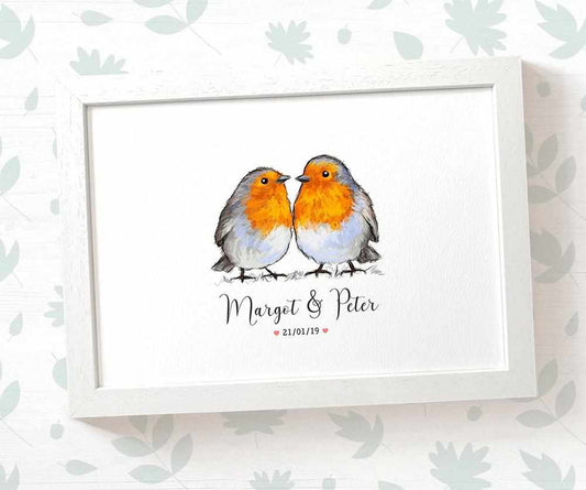 Robin Couple A4 Framed Print Personalized With Names And Date For An Exceptional First Anniversary Gift Idea