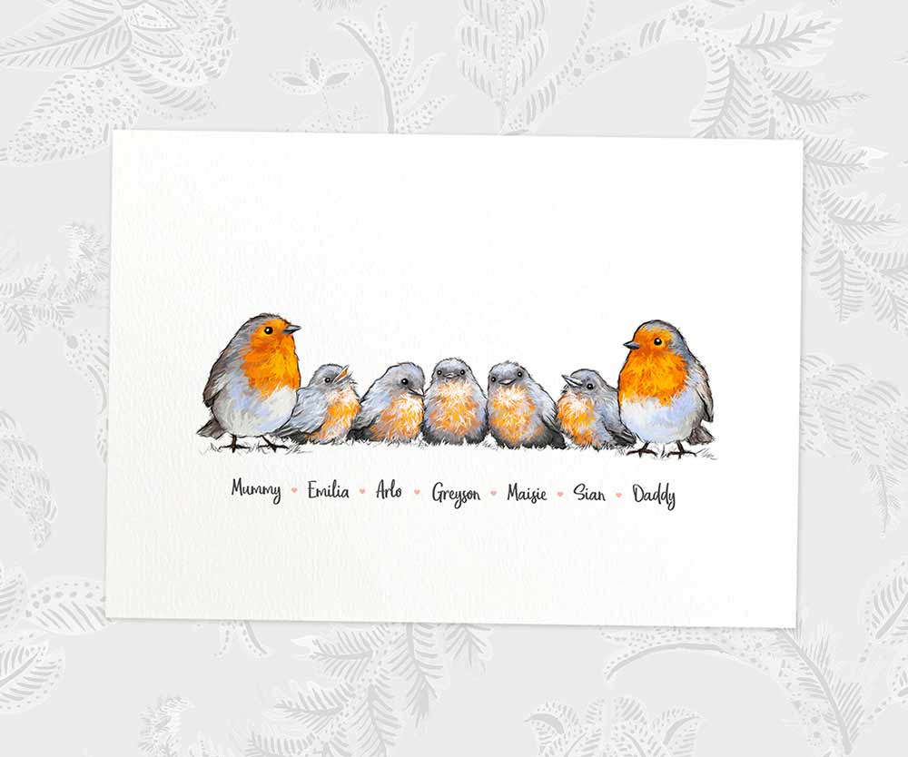 White framed A4 family portrait of 7 robins with personalised names for the perfect birthday gift for mum