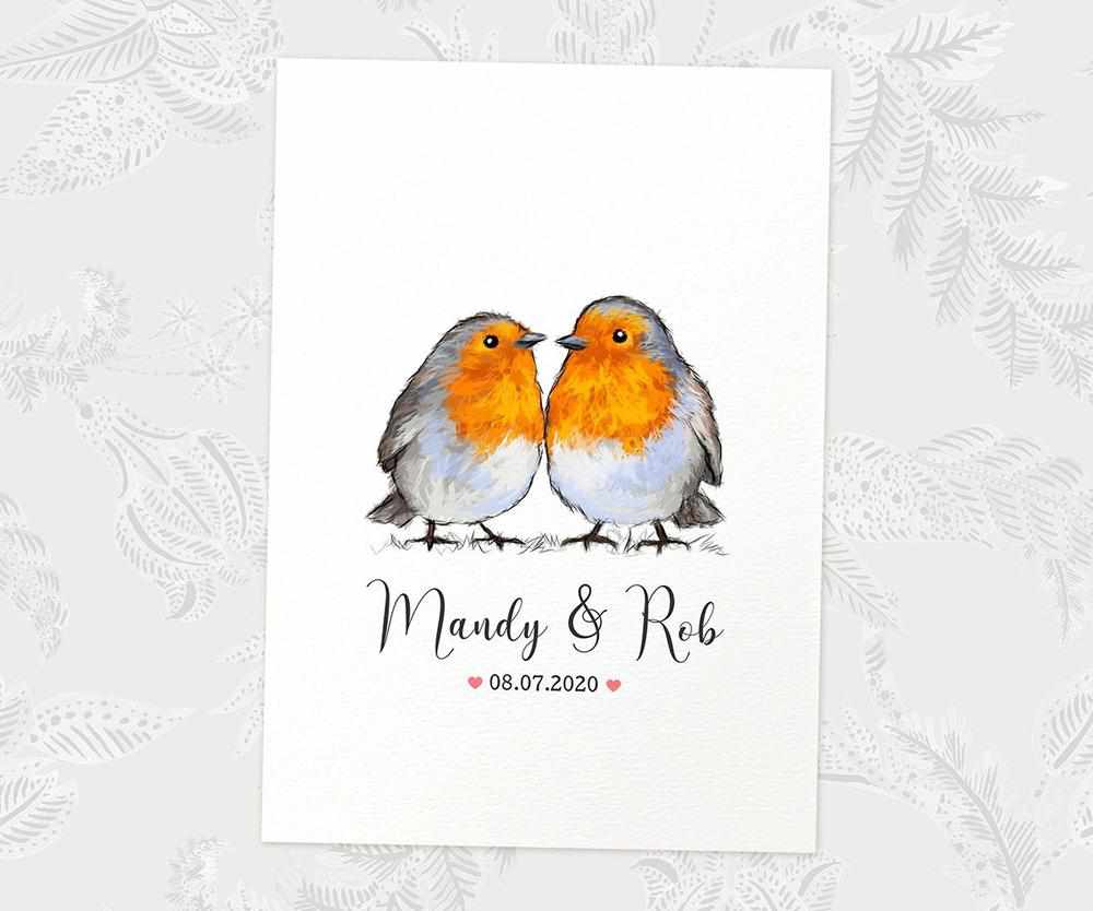 Two Robins A4 Unframed Print Customized With Names And Date For A Thoughtful Valentines Day Gift
