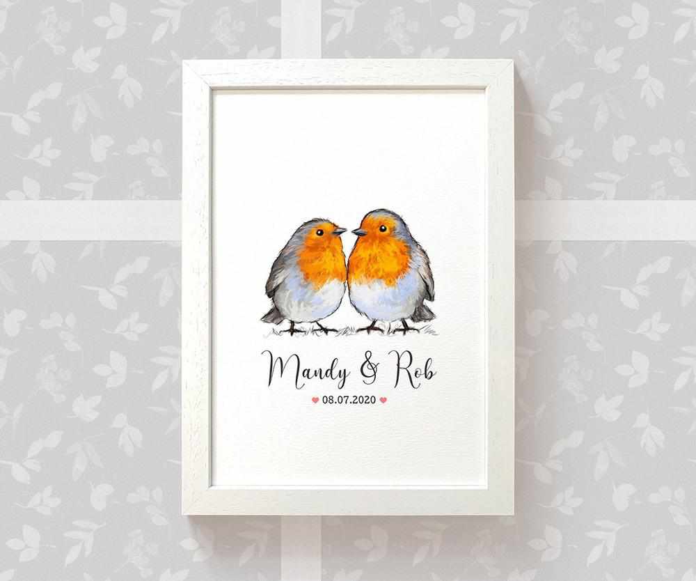 Personalized Robin Couple A4 Framed Print Featuring Newlywed Names And Date For A Unique Wedding Gift