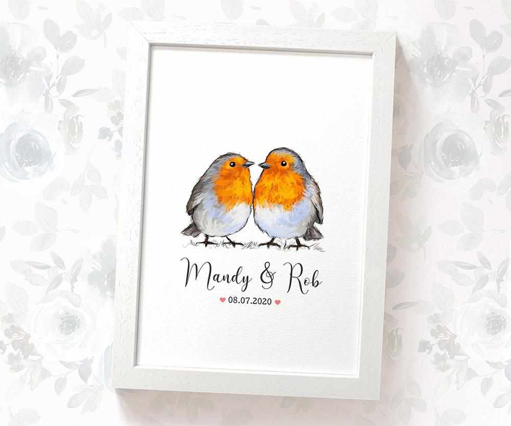 Personalized Robin Couple A4 Framed Print Featuring Names and Date For A Special First Anniversary Gift