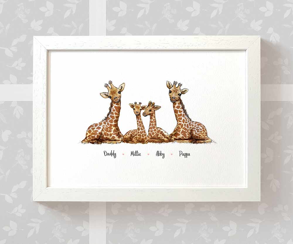 White framed A4 family portrait of 4 giraffes with personalised names for the perfect birthday gift for mum