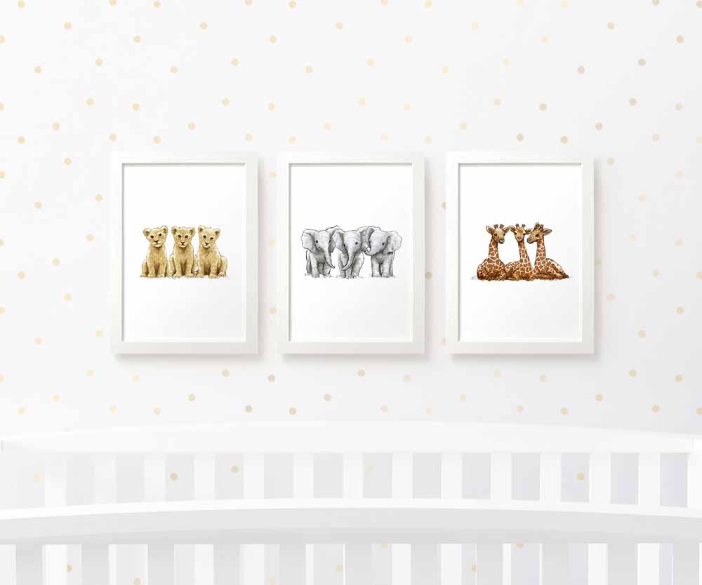 Safari Nursery Prints Triplet New Baby Shower Pregnancy Gift Ideas Animal Wall Art Set Newborn Playroom