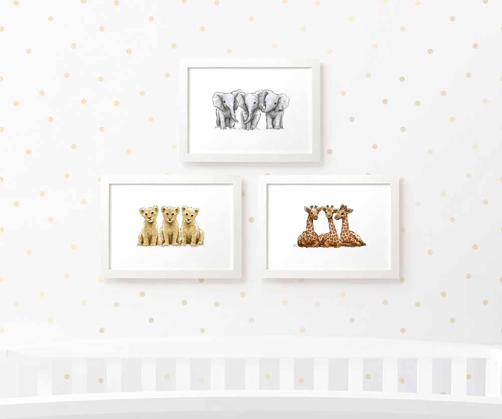 Safari Nursery Prints Triplet New Baby Shower Gift Ideas Animal Wall Art Set Playroom Decor UK