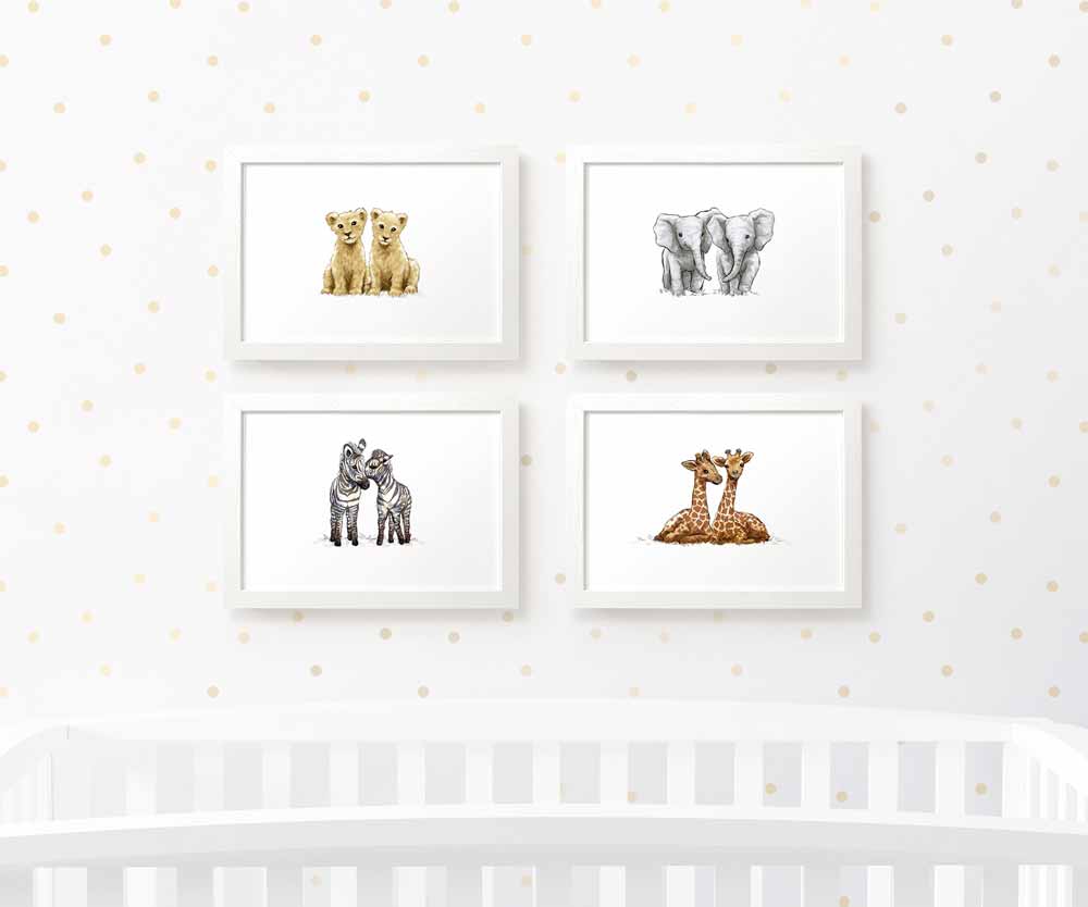 Safari Nursery Prints Twin New Baby Shower Gift Ideas Animal Wall Art Set Playroom Decor UK