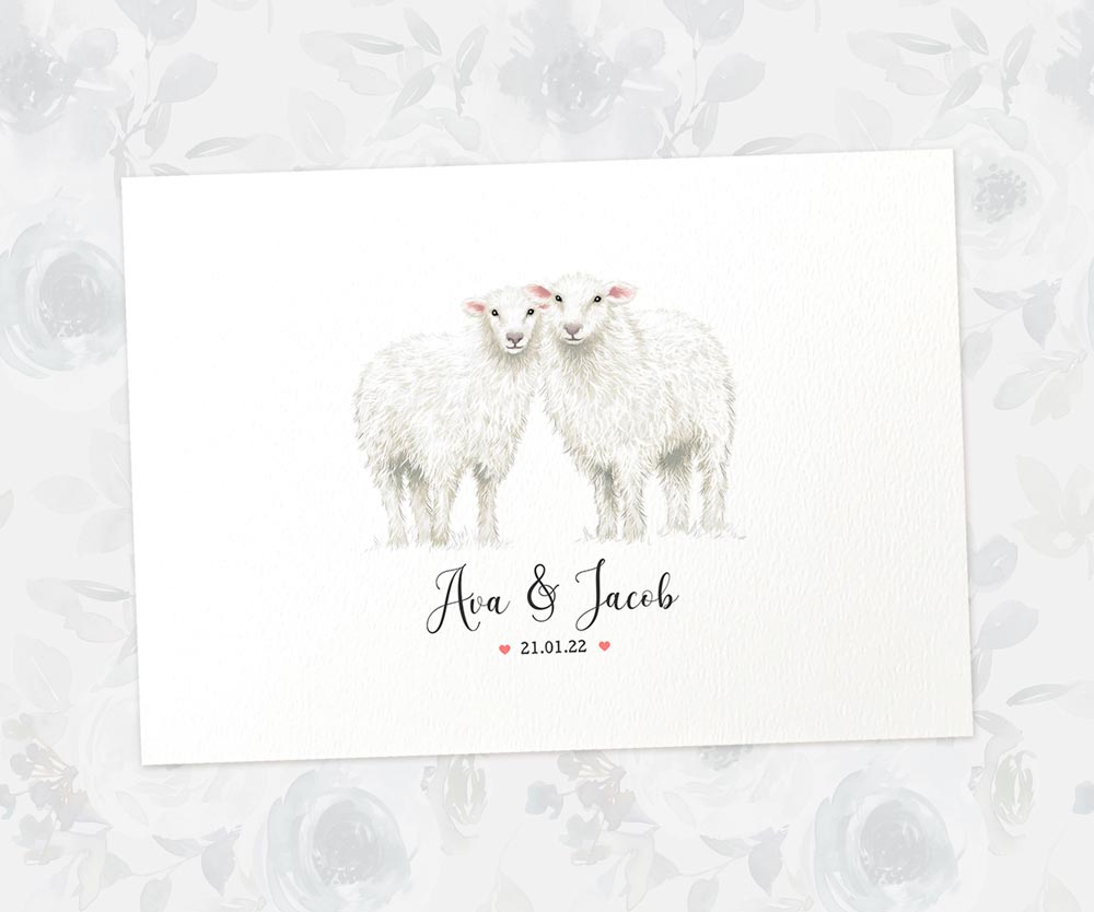 Two Sheep A3 Unframed Art Print Personalized With Names And Date For A Heartwarming Valentines Day Gift