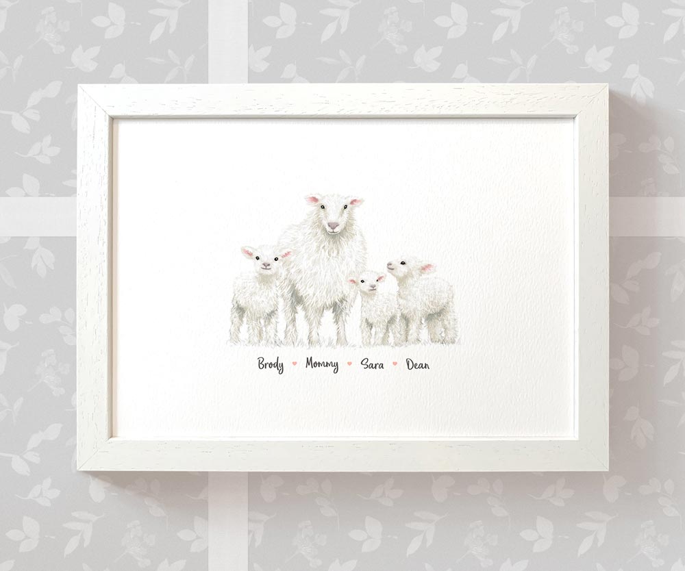 Framed A3 sheep family print featuring mother and children with names beneath for a unique mothers day gift