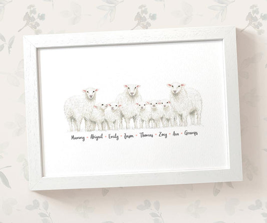 Herd of sheep family portrait personalised with names displayed in an A4 white wood frame for a thoughful gift for mum