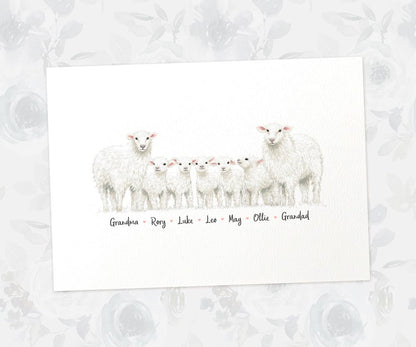 Sheep family portrait featuring grandma and grandad with grandchildren and personalised names for the best grandparent gift