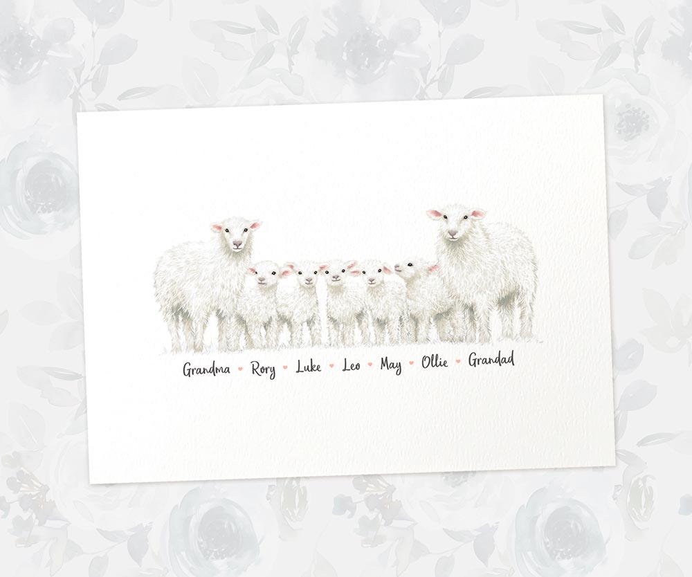 Sheep family portrait featuring grandma and grandad with grandchildren and personalised names for the best grandparent gift