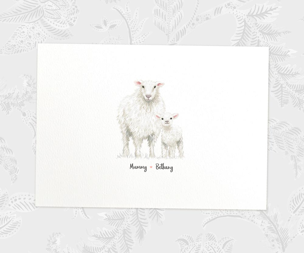 Sheep mum and lamb baby print personalised with names for a special mothers day present