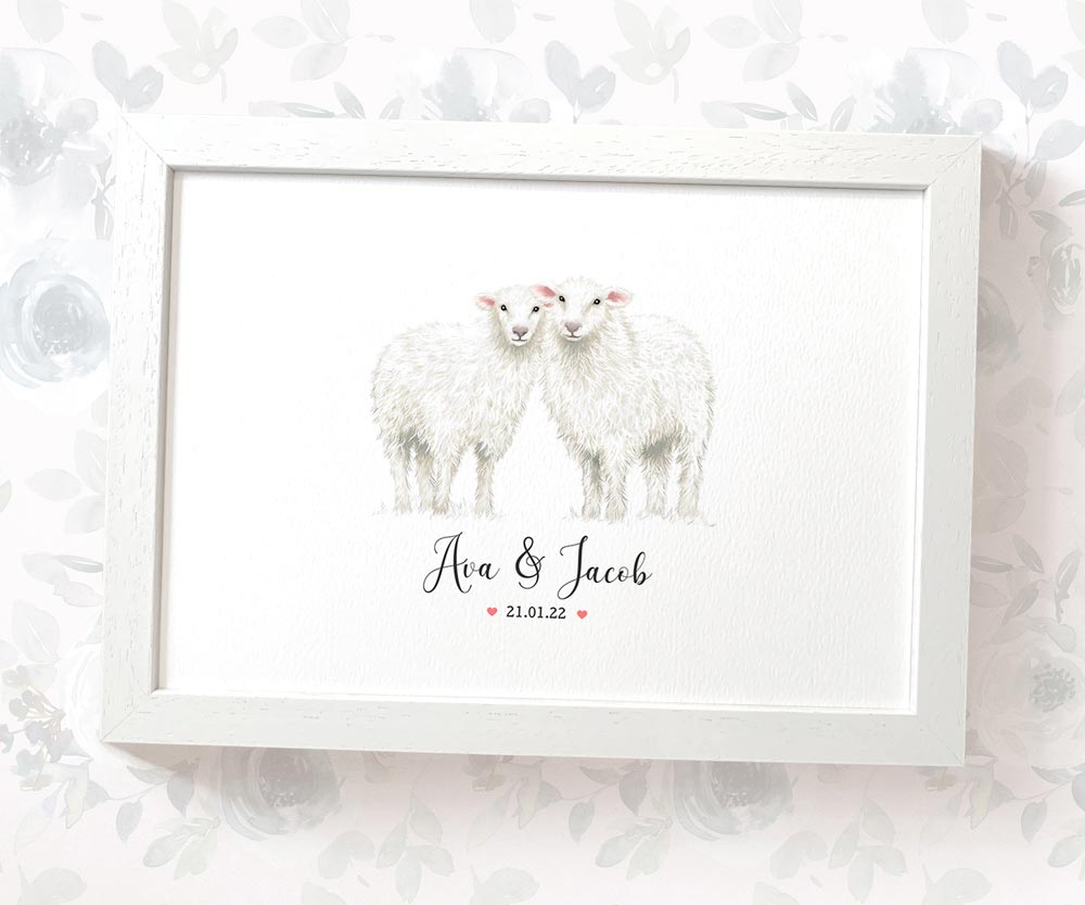 Sheep Couple A4 Framed Print Personalized With Names And Date For An Exceptional First Anniversary Gift Idea