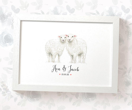 Sheep Couple A4 Framed Print Personalized With Names And Date For An Exceptional First Anniversary Gift Idea