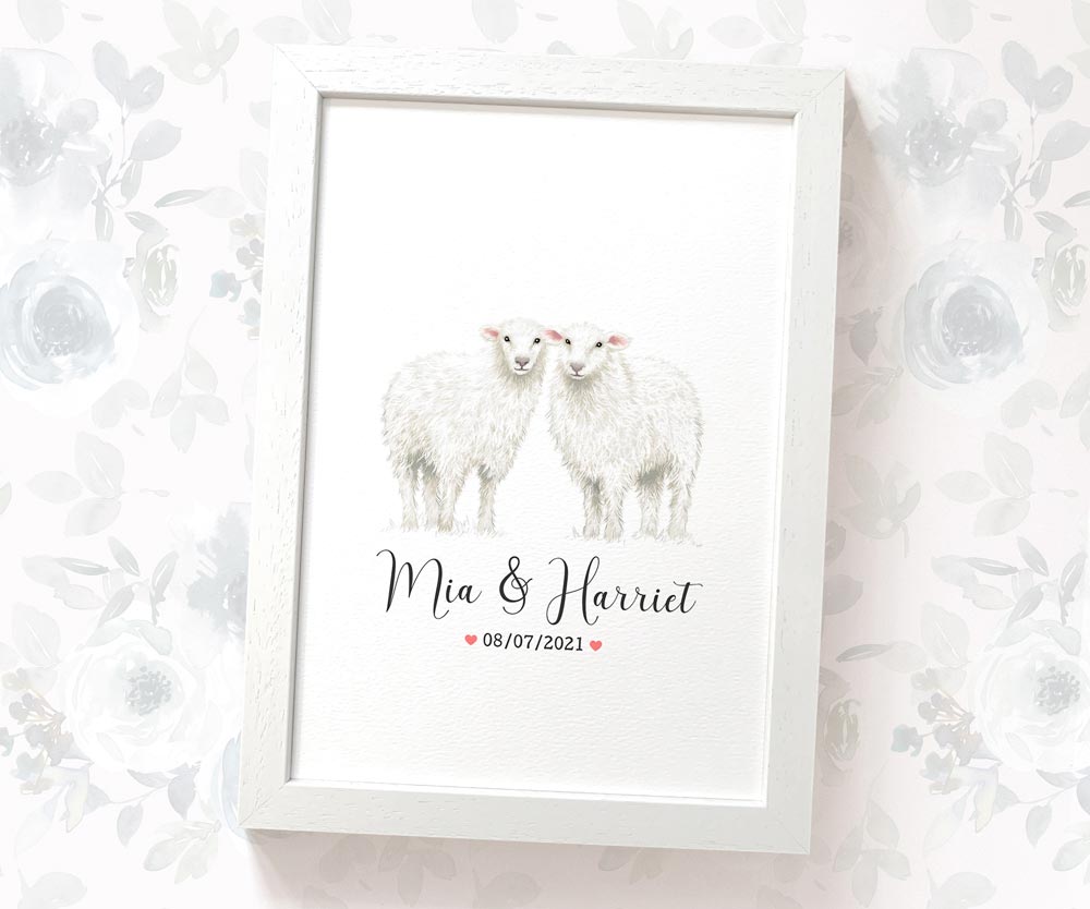 Two Sheep A4 Unframed Print Customized With Names And Date For A Thoughtful Valentines Day Gift