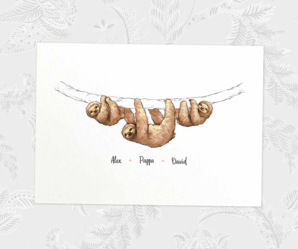 Sloth A3 family print featuring dad and 2 children personalised with names for the best fathers day gift