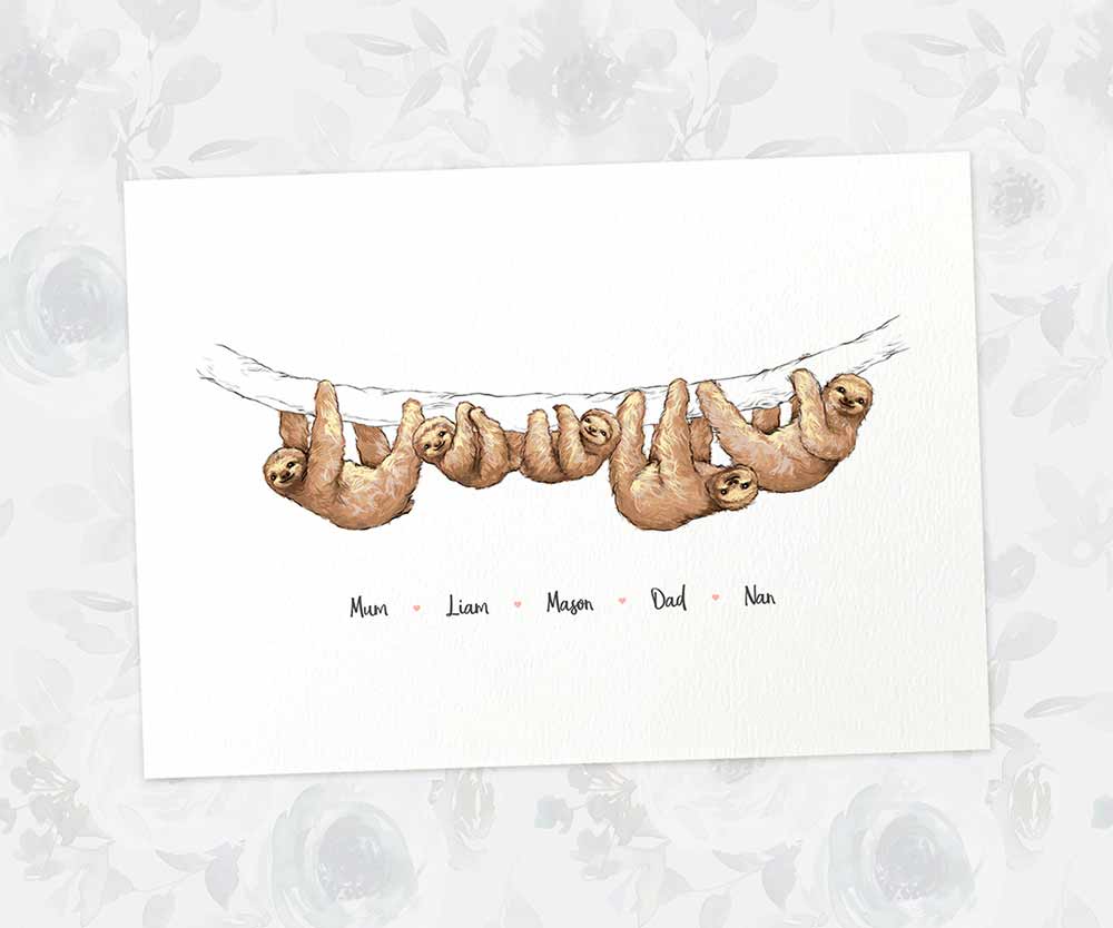 Printed A4 family of 5 sloth personalised with names for a special mothers day present