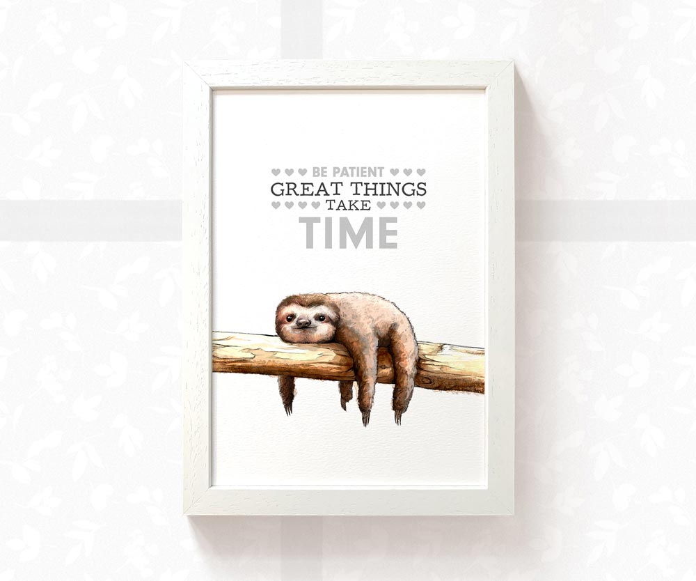 Sloth on Branch Motivational Print "Great Things Take Time"