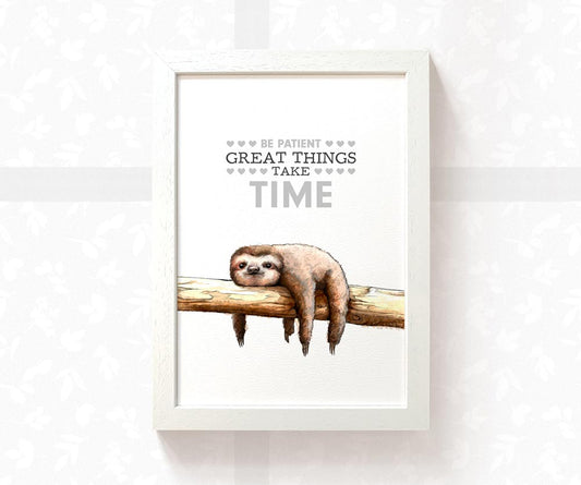 Sloth on Branch Motivational Print "Great Things Take Time"