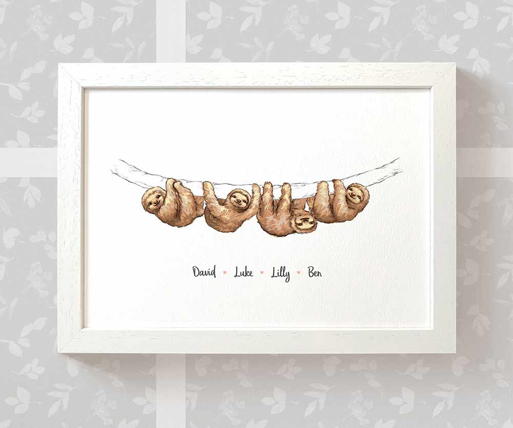 Four baby sloths framed A3 family print with names for a unique baby shower gift