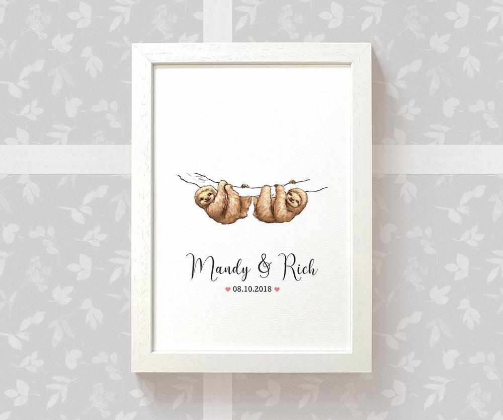 Personalized Sloth Couple A4 Framed Print Featuring Newlywed Names And Date For A Unique Wedding Gift