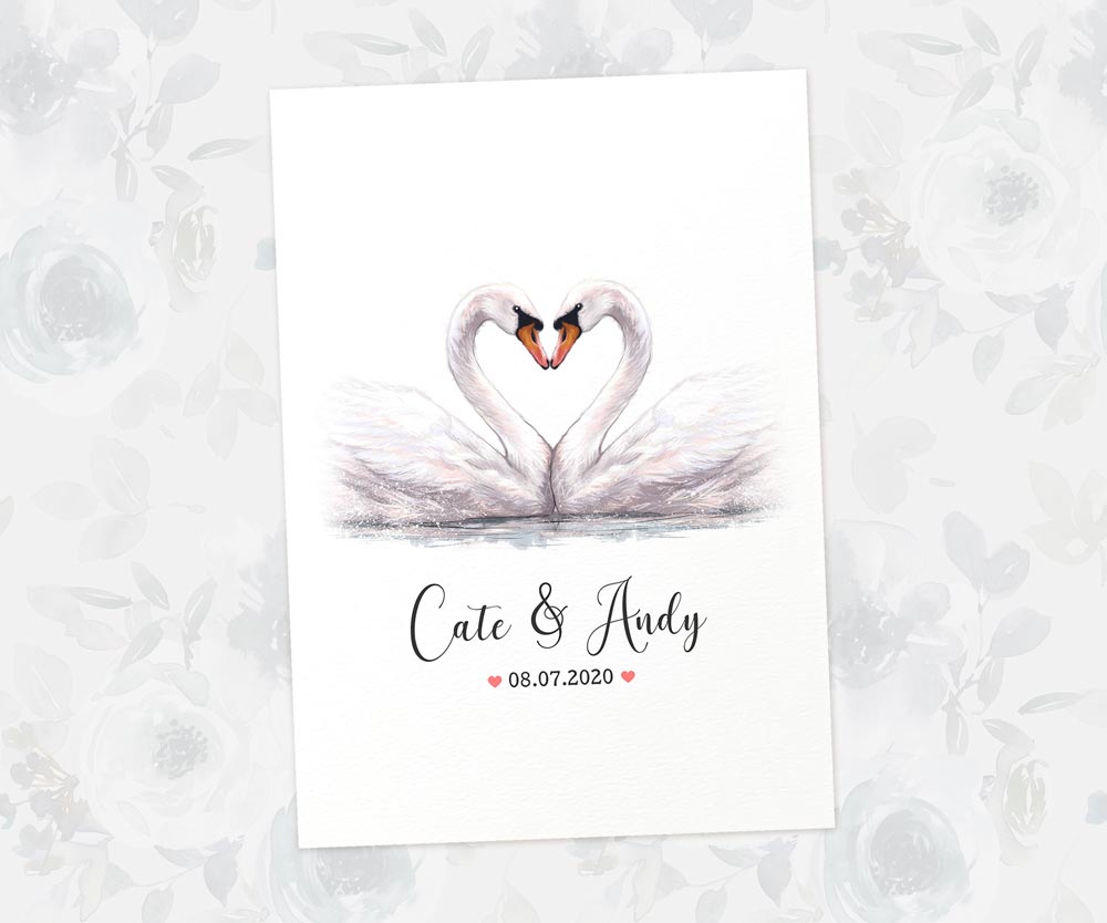 Two Swans A3 Unframed Art Print Personalized With Names And Date For A Heartwarming Valentines Day Gift