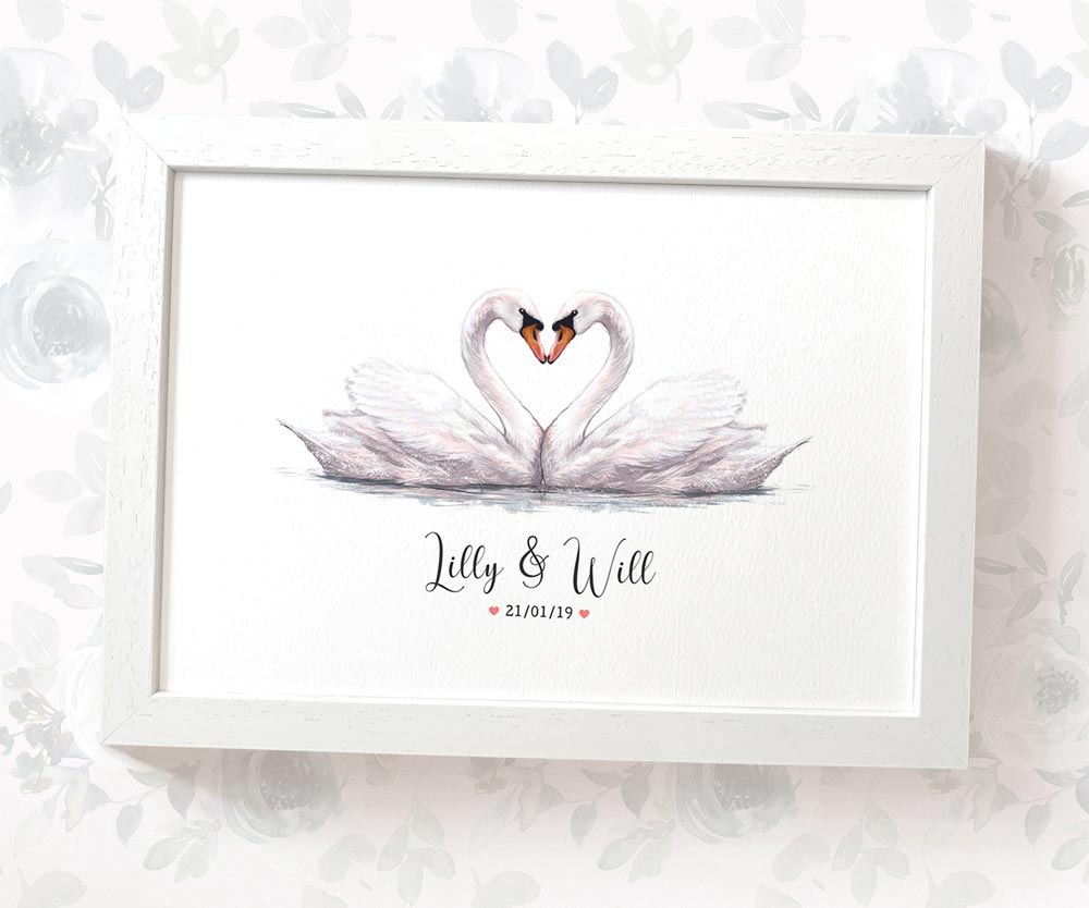Swan Couple A4 Framed Print Personalized With Names And Date For An Exceptional First Anniversary Gift Idea