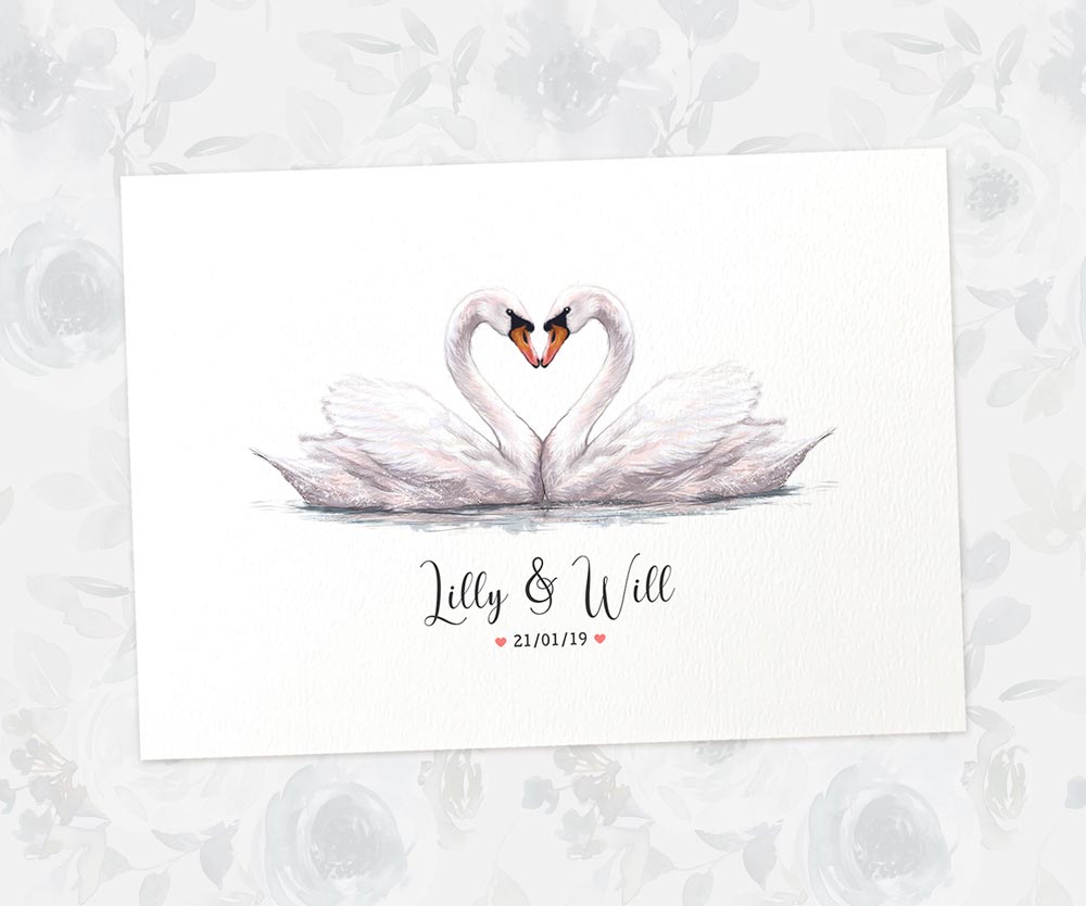 Two Swans A4 Unframed Print Customized With Names And Date For A Thoughtful Valentines Day Gift