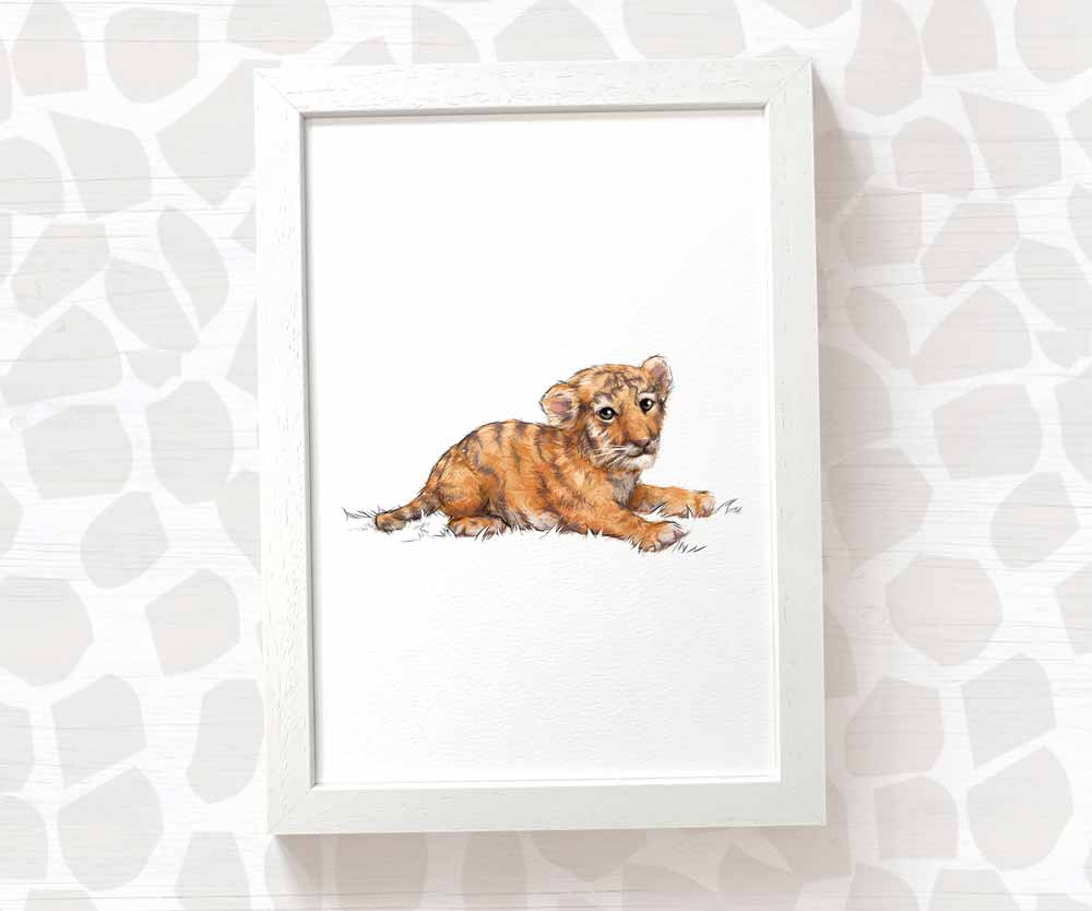 Newborn Baby Shower Gift Safari Nursery Decor Kids Animal Wall Art Tiger Print First Birthday Framed