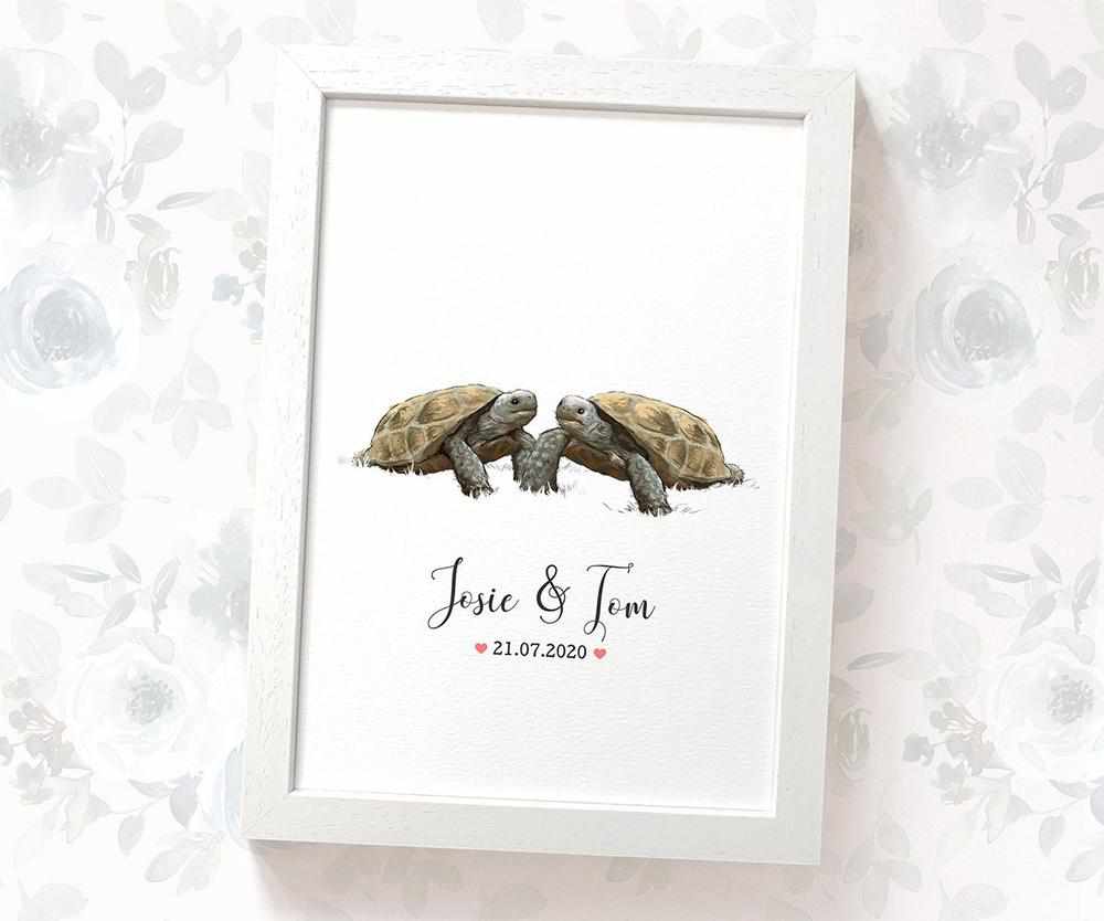 Personalized Tortoise Couple A4 Framed Print Featuring Names and Date For A Special First Anniversary Gift
