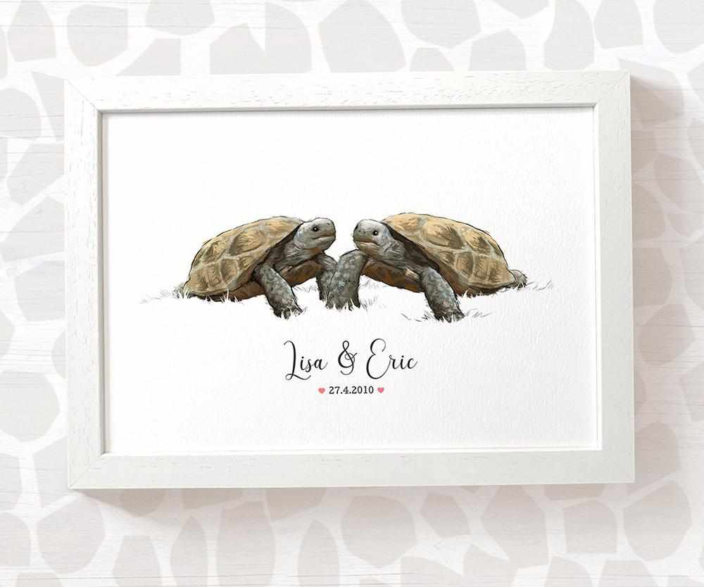 Tortoise Couple A4 Framed Print Personalized With Names And Date For An Exceptional First Anniversary Gift Idea