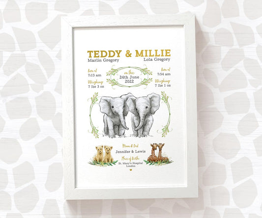 New Baby Birth Record Gift Name Twin Safari Nursery Animals Baby Room Decor Wall Art Print