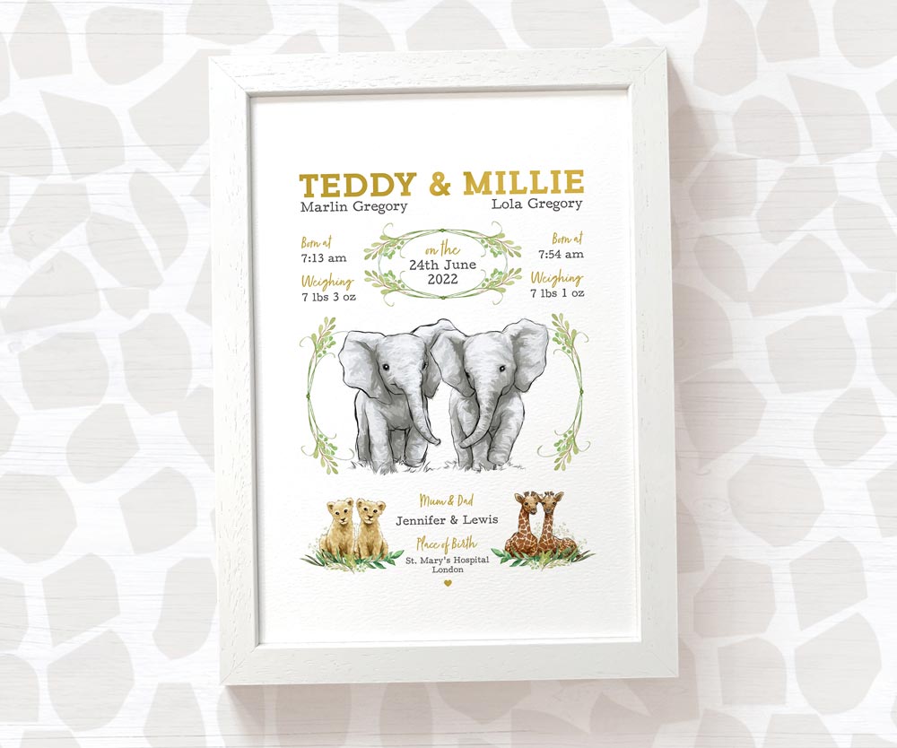 New Baby Birth Record Gift Name Twin Safari Nursery Animals Baby Room Decor Wall Art Print