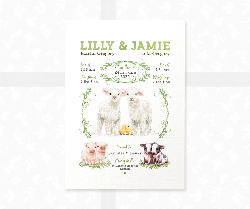 New Baby Birth Record Gift Name Twin Farm Animals Nursery Wall Art Print First Birthday Christmas