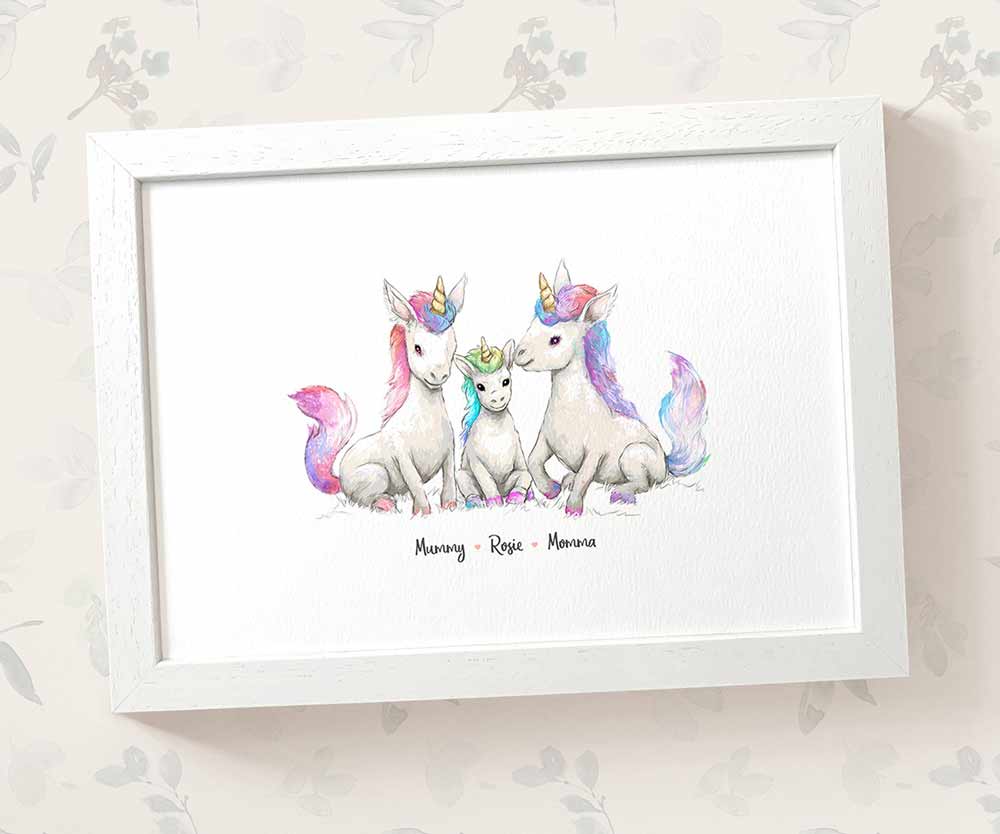 Unicorn family portrait personalised with names displayed in an A4 white wood frame for a thoughful gift for mum