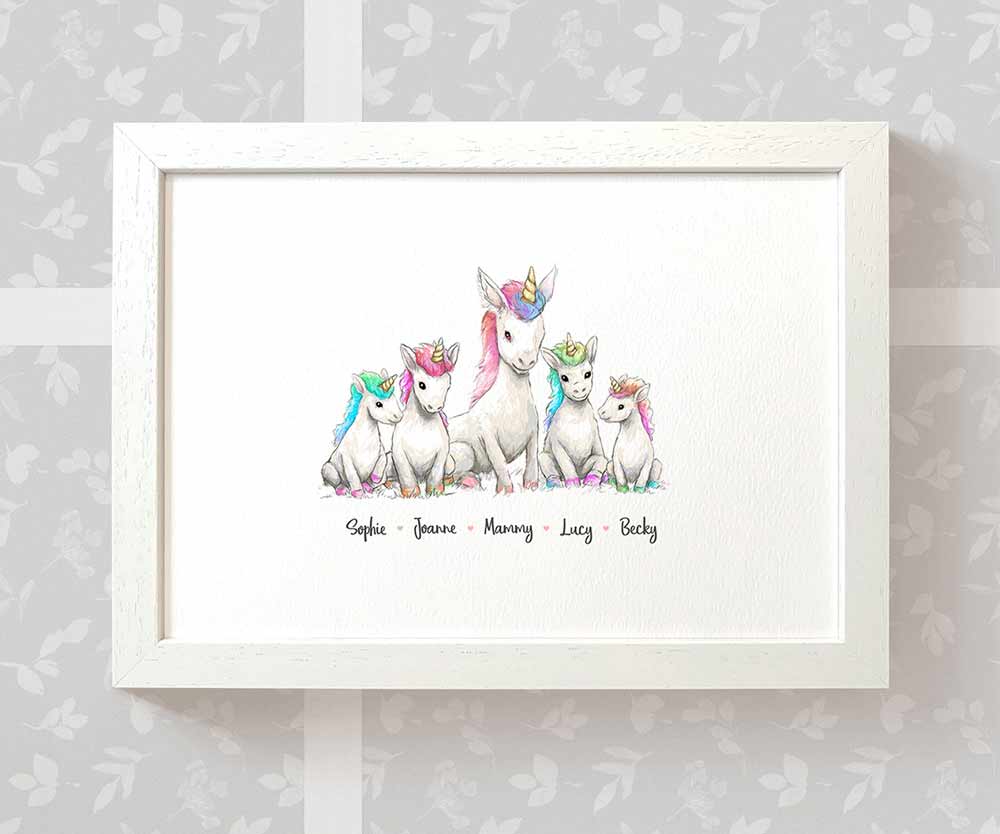 Framed A3 unicorn family print featuring mother and children with names beneath for a unique mothers day gift