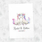 Two Unicorns A3 Unframed Art Print Personalized With Names And Date For A Heartwarming Valentines Day Gift