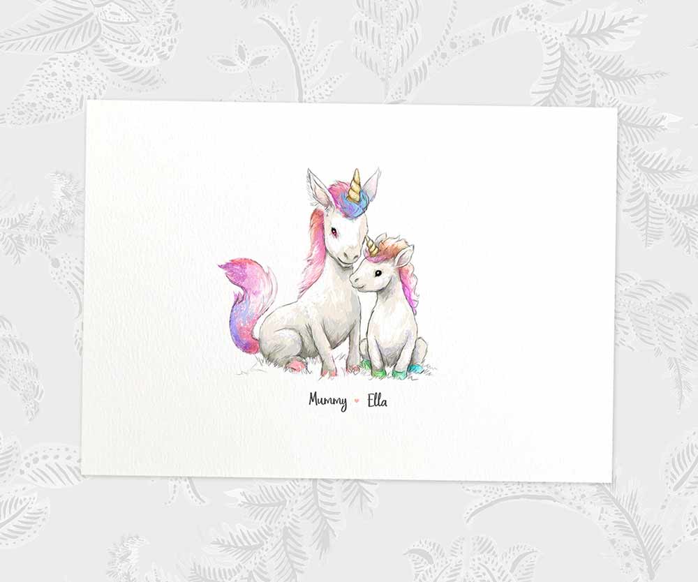 Printed A4 mother and baby unicorn personalised with names for a special mothers day present