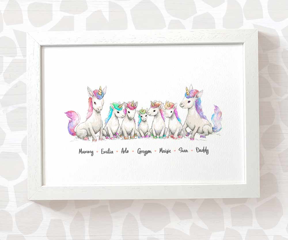 Framed unicorn family portrait personalised with names frame for a thoughful gift for dad